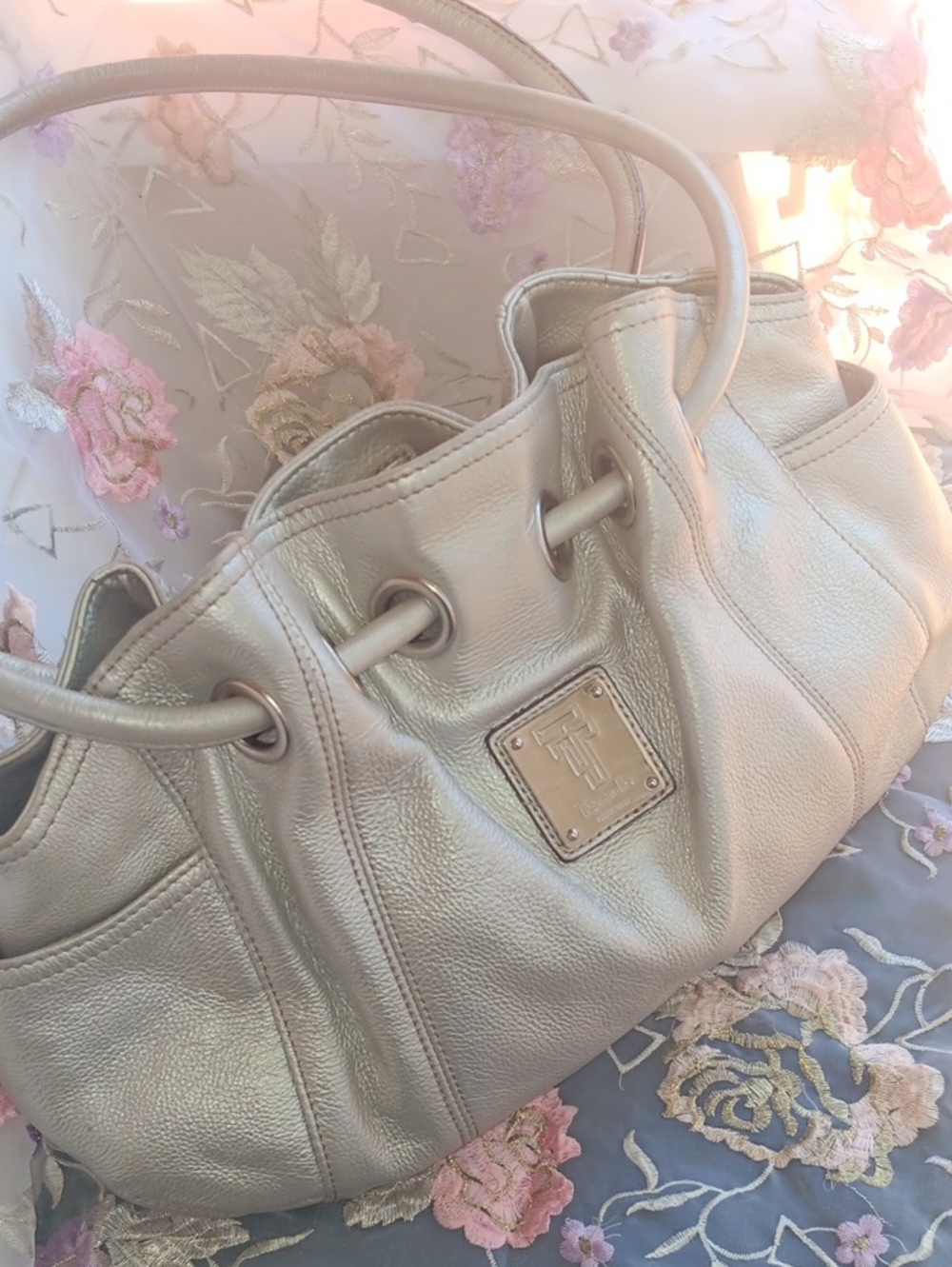 Tignanello Metallic Silver Leather Drawstring Shoulder Bag